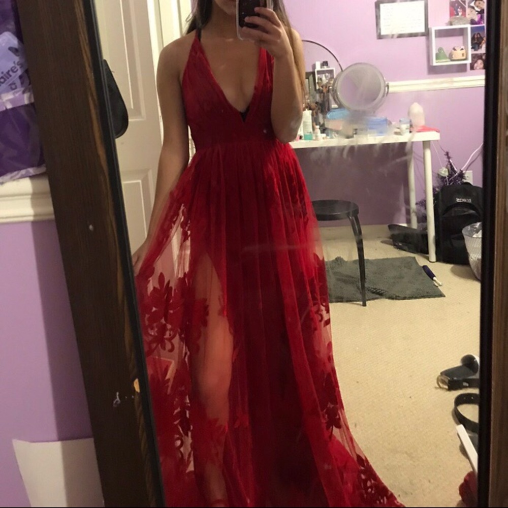 red lace embroidered tulle deep v neck prom dress